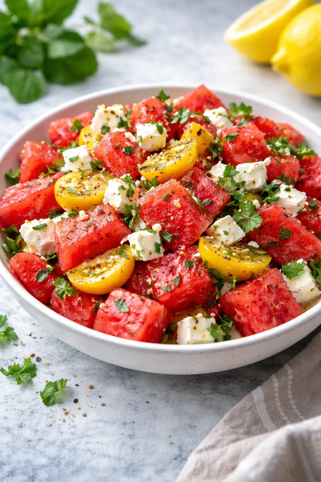 A vibrant watermelon feta salad with fresh mint and lime juice