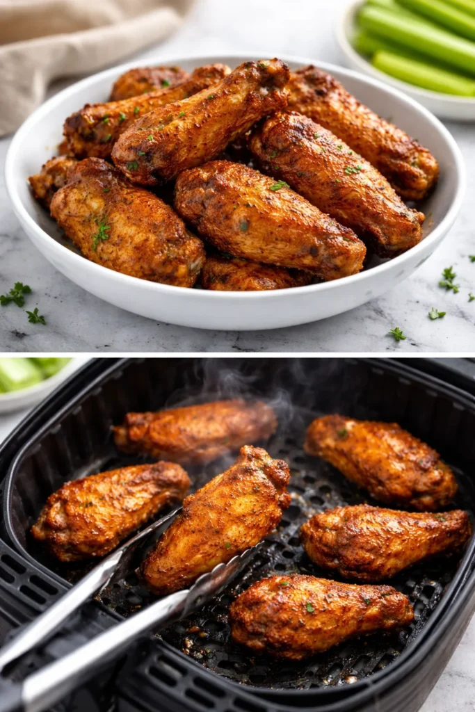 Crispy air fryer chicken wings served on a plate with dipping sauce.
