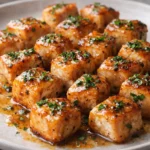 Air Fryer Honey Garlic Salmon Bites served on a plate with herbs