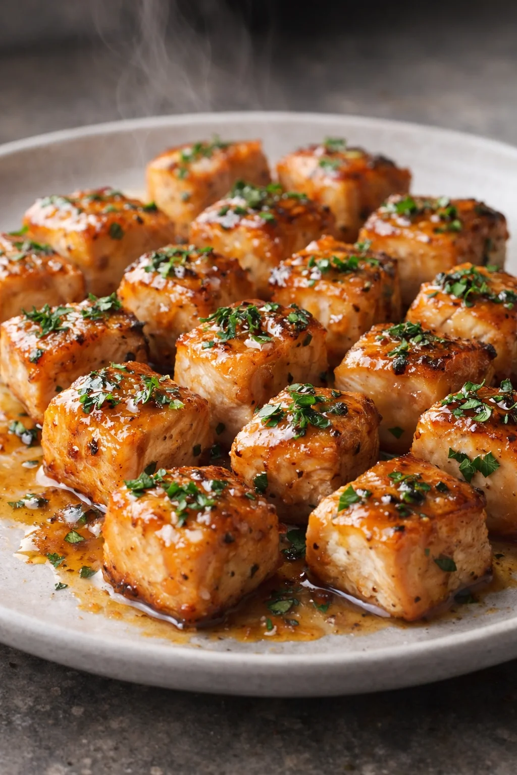 Air Fryer Honey Garlic Salmon Bites served on a plate with herbs