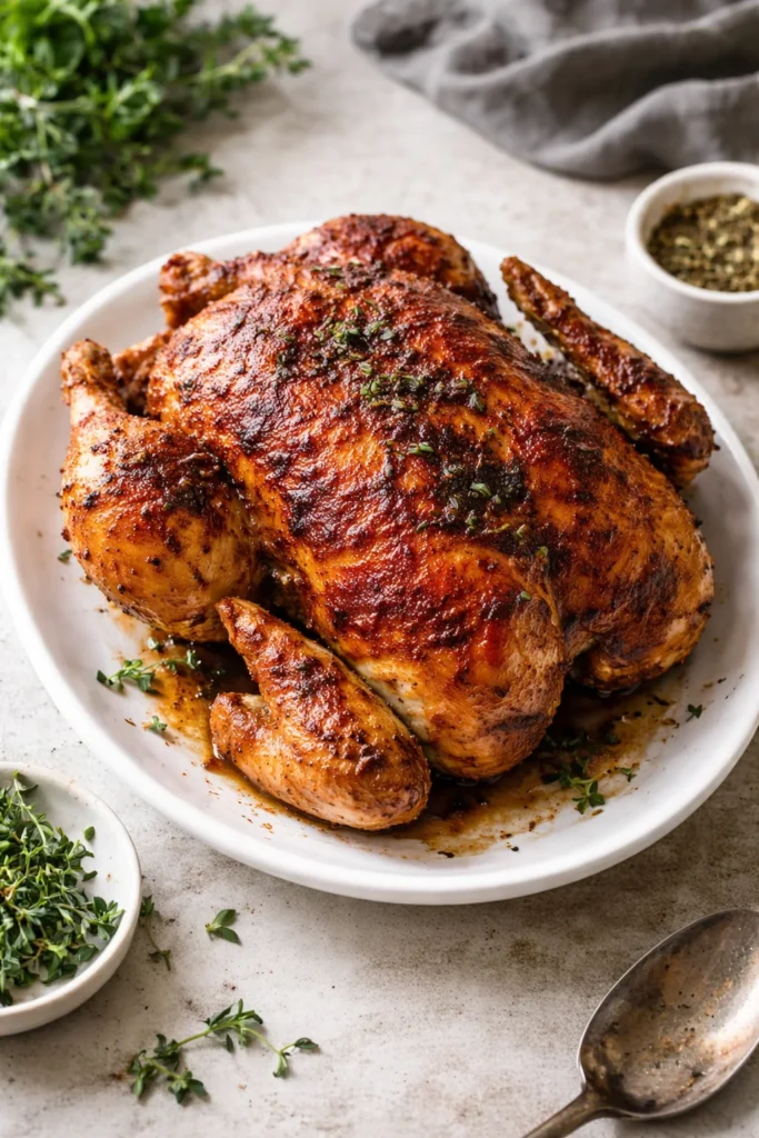 Delicious air fryer whole roast chicken with crispy skin and juicy meat