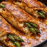 Juicy asparagus stuffed chicken breast garnished with herbs and served on a plate