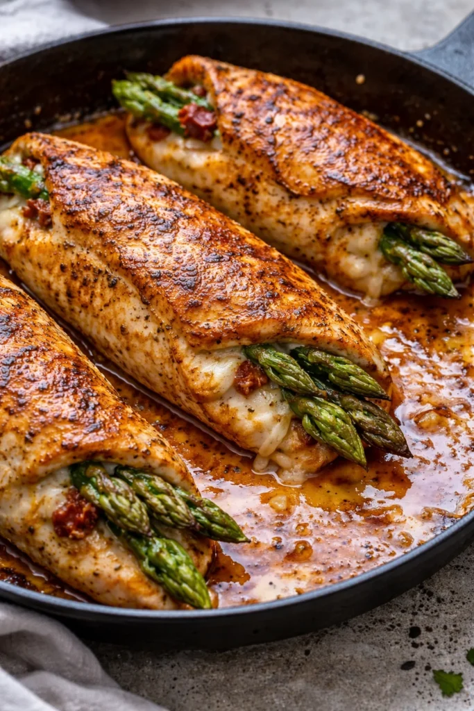 Juicy asparagus stuffed chicken breast garnished with herbs and served on a plate