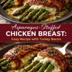 Asparagus-stuffed chicken breast with turkey bacon on a plate