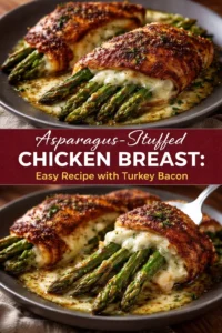 Asparagus-stuffed chicken breast with turkey bacon on a plate
