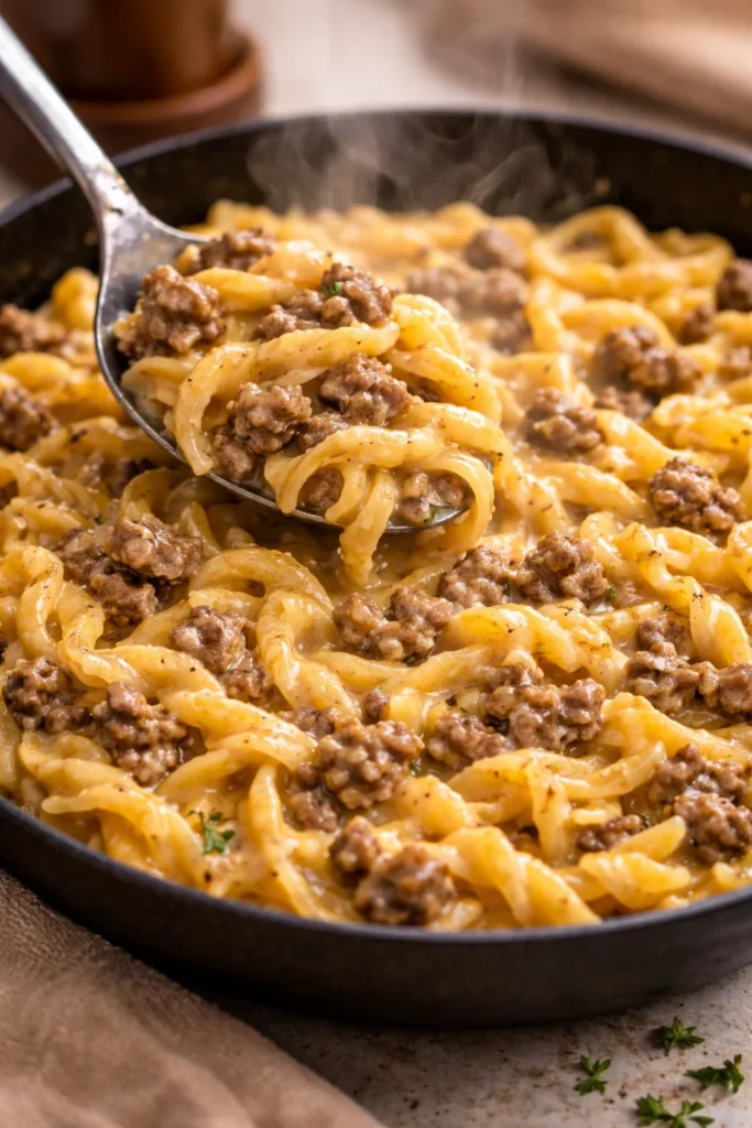 Delicious Beef and Garlic Butter Pasta served on a plate