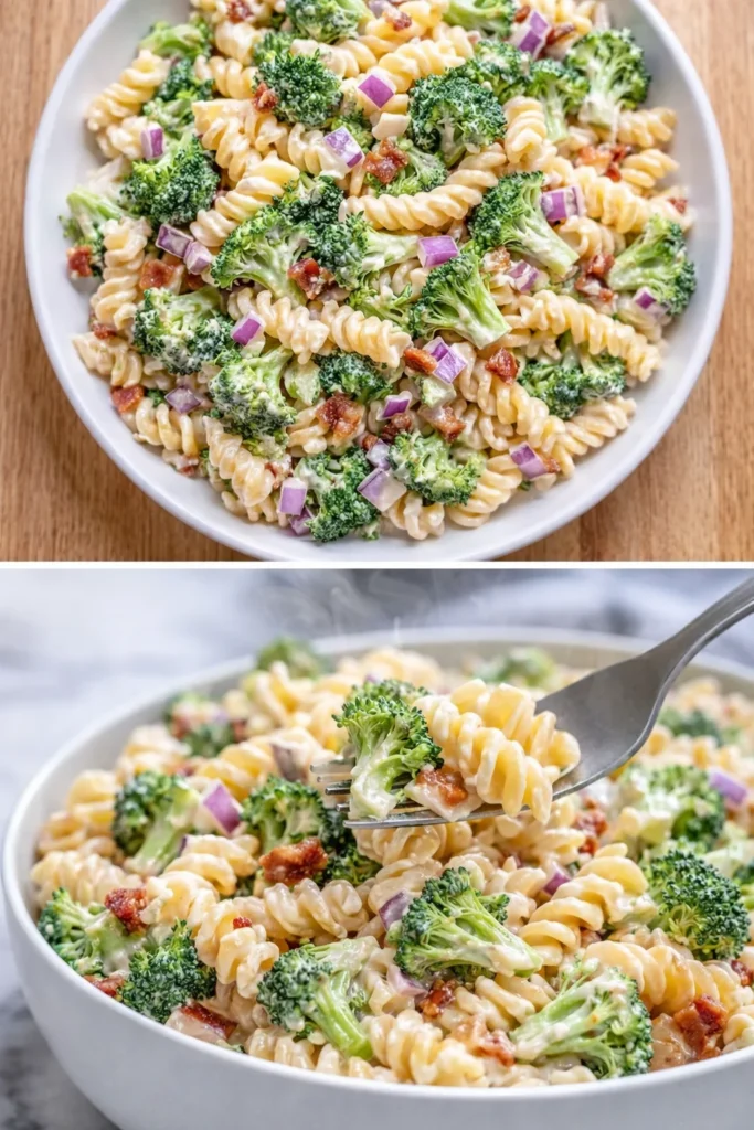 Delicious broccoli pasta salad with vibrant vegetables and dressing
