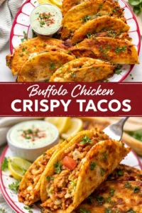 Buffalo Chicken Crispy Tacos served with sauce and garnishes