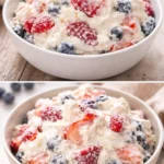 Delicious cheesecake salad topped with fresh fruits and creamy dressing