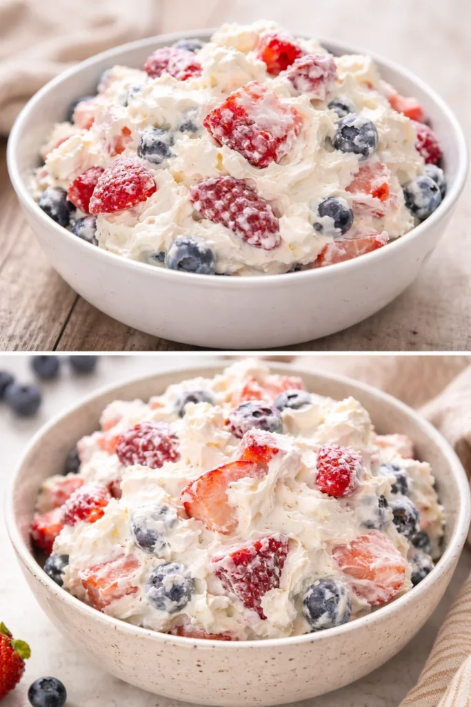 Delicious cheesecake salad topped with fresh fruits and creamy dressing