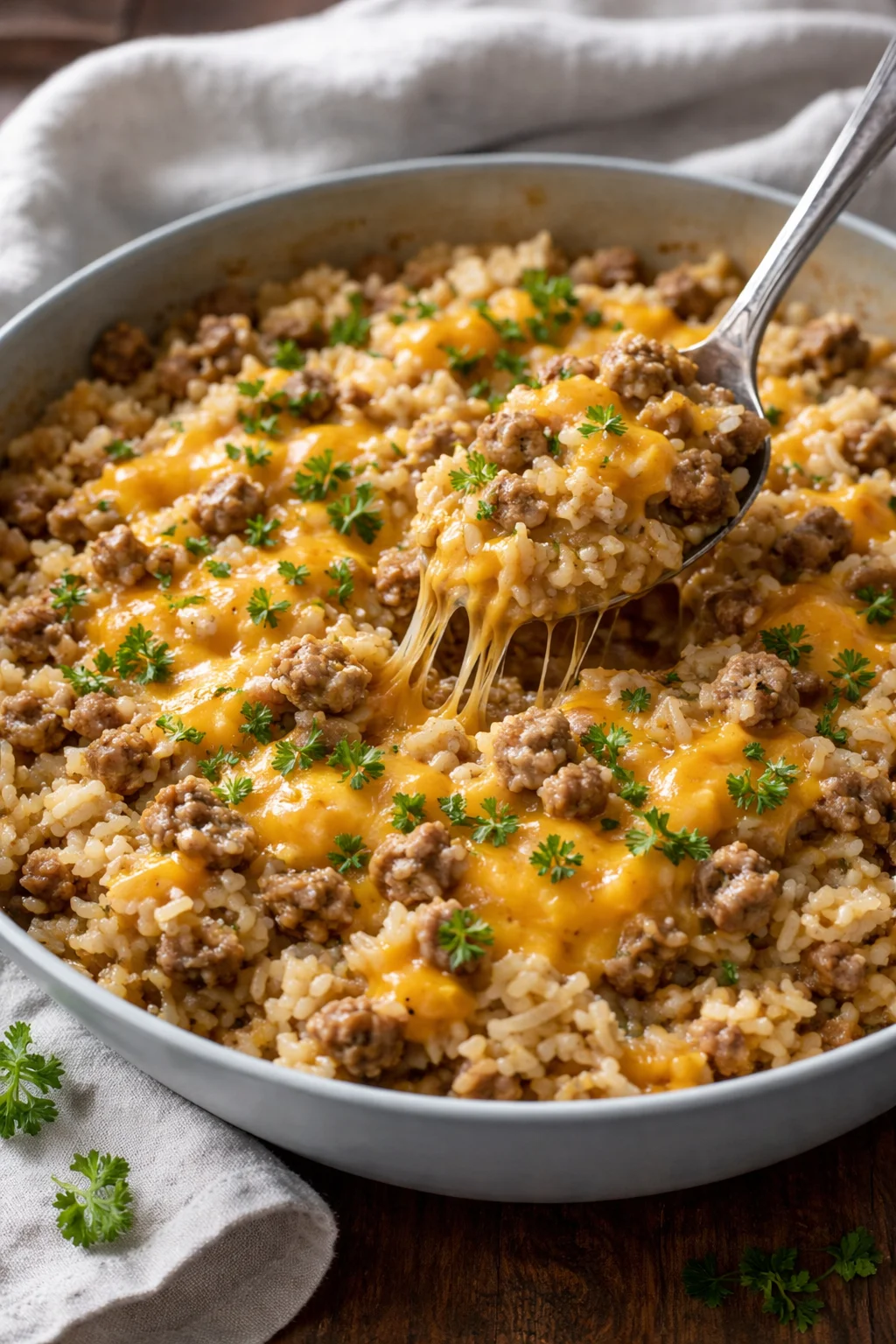 Cheesy ground beef and rice casserole in a dish, ready to serve.