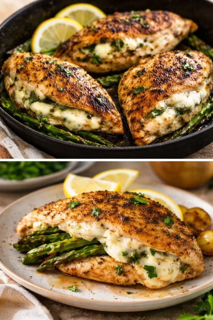 Grilled chicken breast with asparagus and cheese on a plate