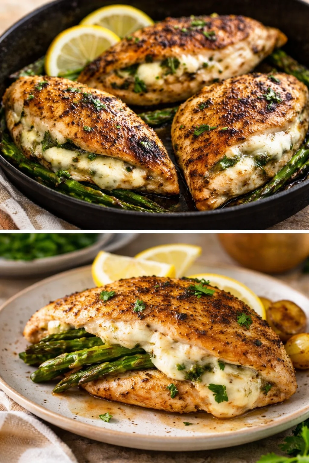Grilled chicken breast with asparagus and cheese on a plate