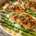Creamy baked chicken with asparagus dish served on a plate.