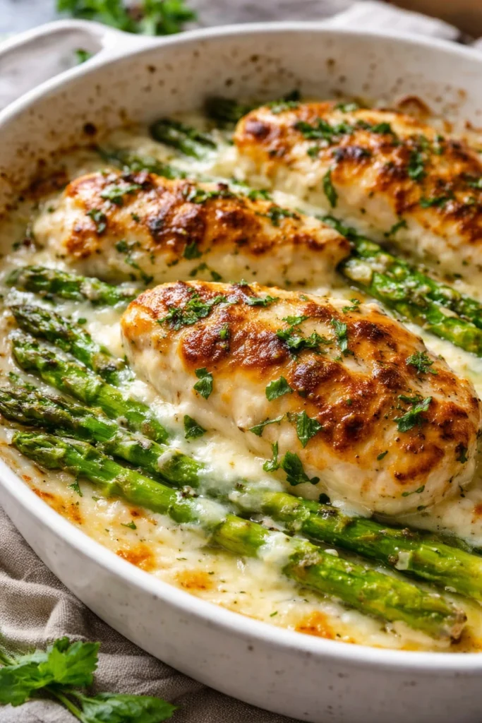Creamy baked chicken with asparagus dish served on a plate.