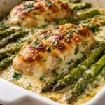 Creamy baked chicken with asparagus on a plate, showcasing a savory dinner dish.