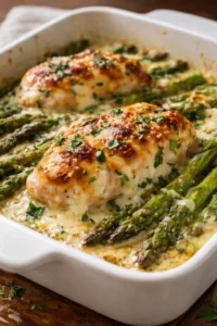 Creamy baked chicken with asparagus on a plate, showcasing a savory dinner dish.