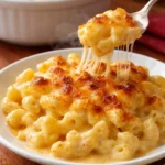Bowl of creamy baked macaroni and cheese topped with breadcrumbs and herbs