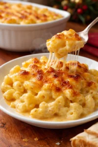 Bowl of creamy baked macaroni and cheese topped with breadcrumbs and herbs