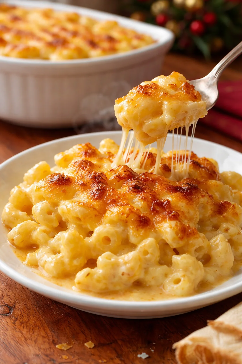 Bowl of creamy baked macaroni and cheese topped with breadcrumbs and herbs