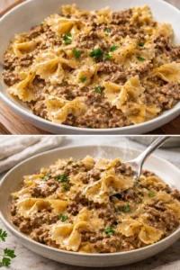 Creamy beef pasta dish with herbs and sauce in a bowl