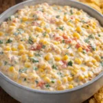 Creamy corn dip served in a bowl with tortilla chips for dipping.