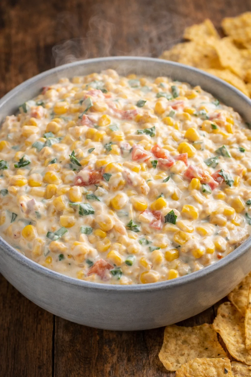 Creamy corn dip served in a bowl with tortilla chips for dipping.