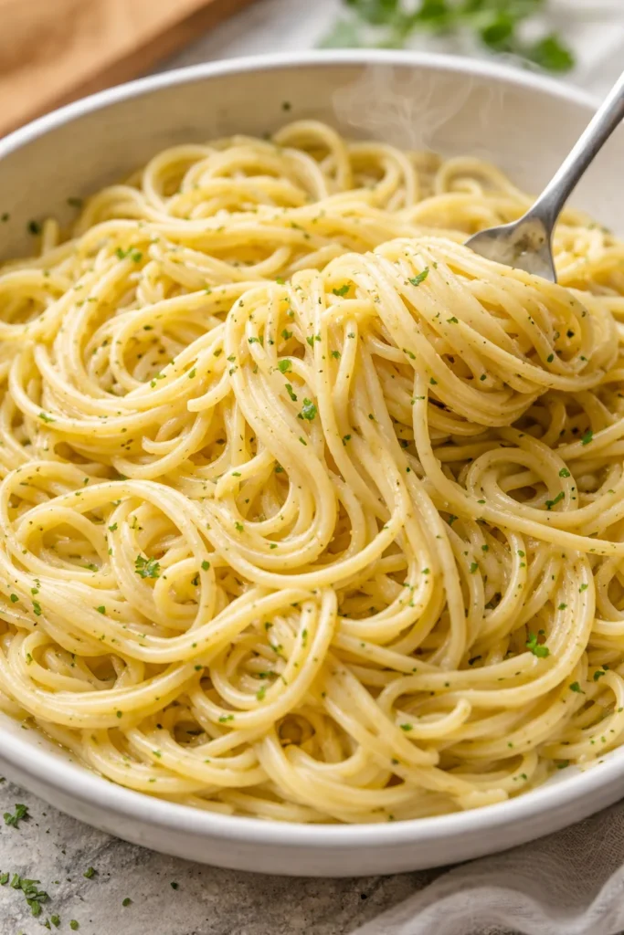 Creamy garlic butter pasta served on a plate with parsley garnish