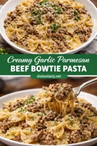 Creamy Garlic Parmesan Beef Bowtie Pasta with herbs and beef in a creamy sauce