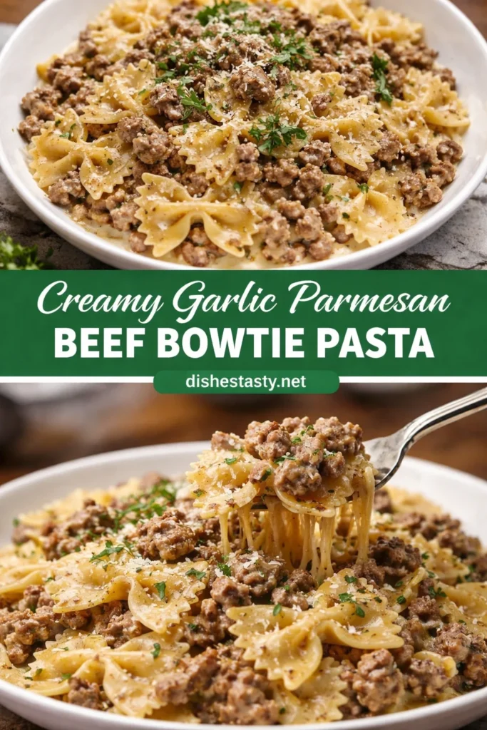 Creamy Garlic Parmesan Beef Bowtie Pasta with herbs and beef in a creamy sauce