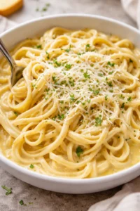 Creamy Garlic Parmesan Fettuccine served in a bowl with parsley garnish.