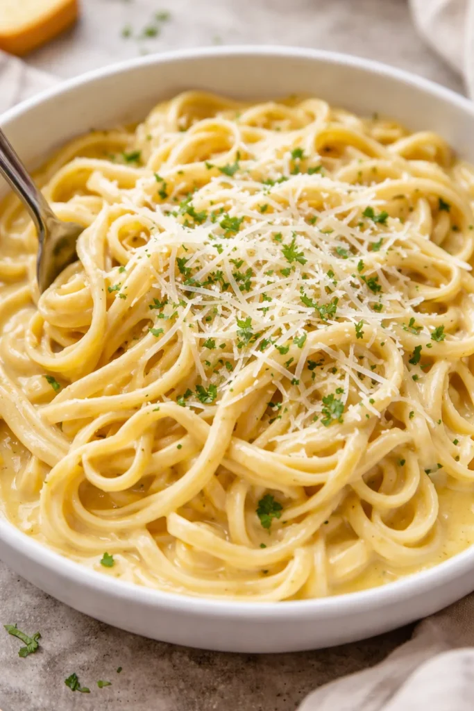 Creamy Garlic Parmesan Fettuccine served in a bowl with parsley garnish.