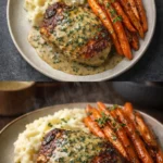 Creamy herb chicken served with mashed potatoes and honey glazed carrots