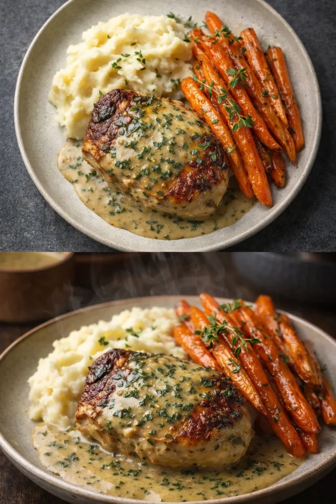 Creamy herb chicken served with mashed potatoes and honey glazed carrots