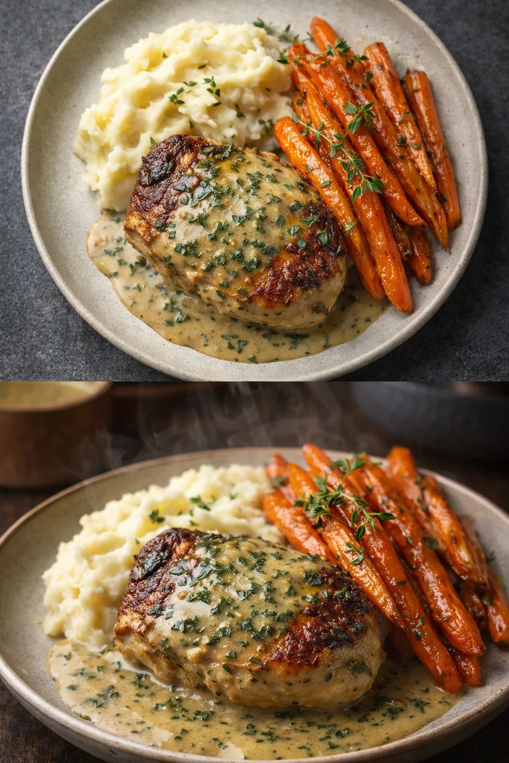 Creamy herb chicken served with mashed potatoes and honey glazed carrots