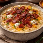 Creamy loaded baked potato soup topped with crispy bacon and cheddar cheese