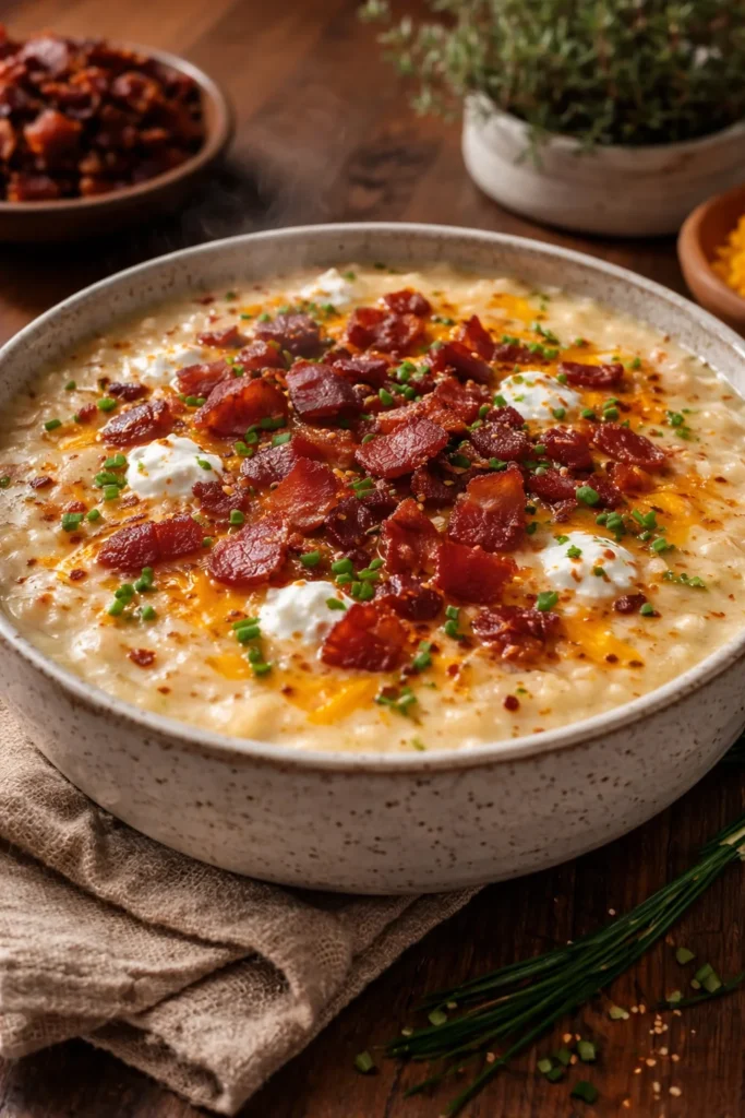 Creamy loaded baked potato soup topped with crispy bacon and cheddar cheese