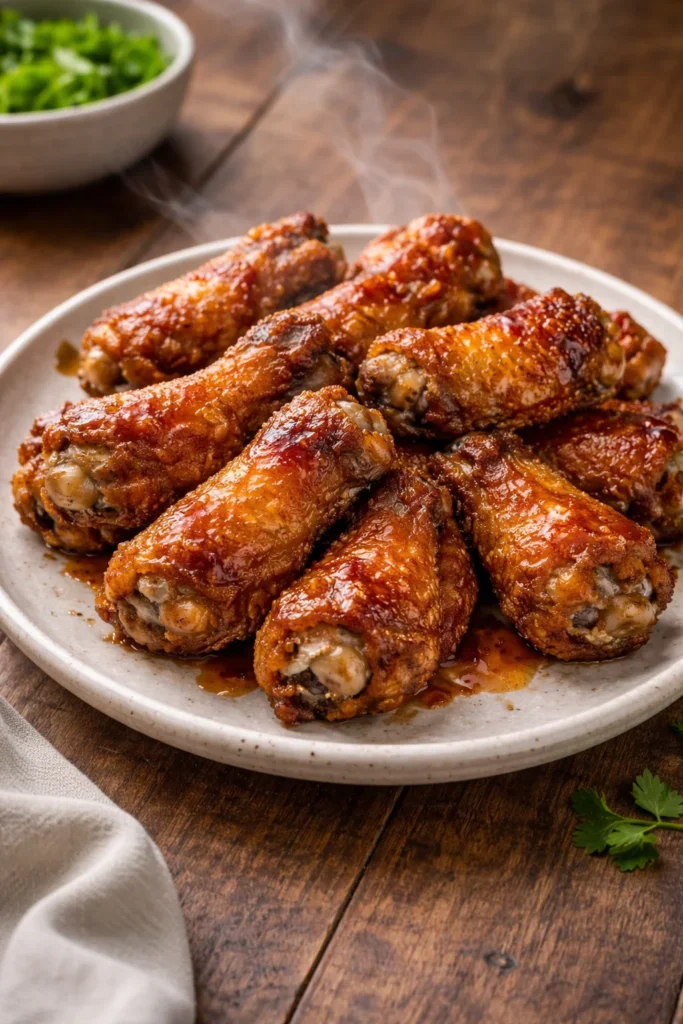 Crispy air fryer Chinese chicken wings garnished with sesame seeds and green onions.