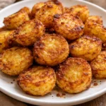 Crispy breakfast potato bites served on a plate with herbs and spices