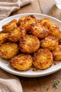 Crispy breakfast potato bites served on a plate with herbs and spices