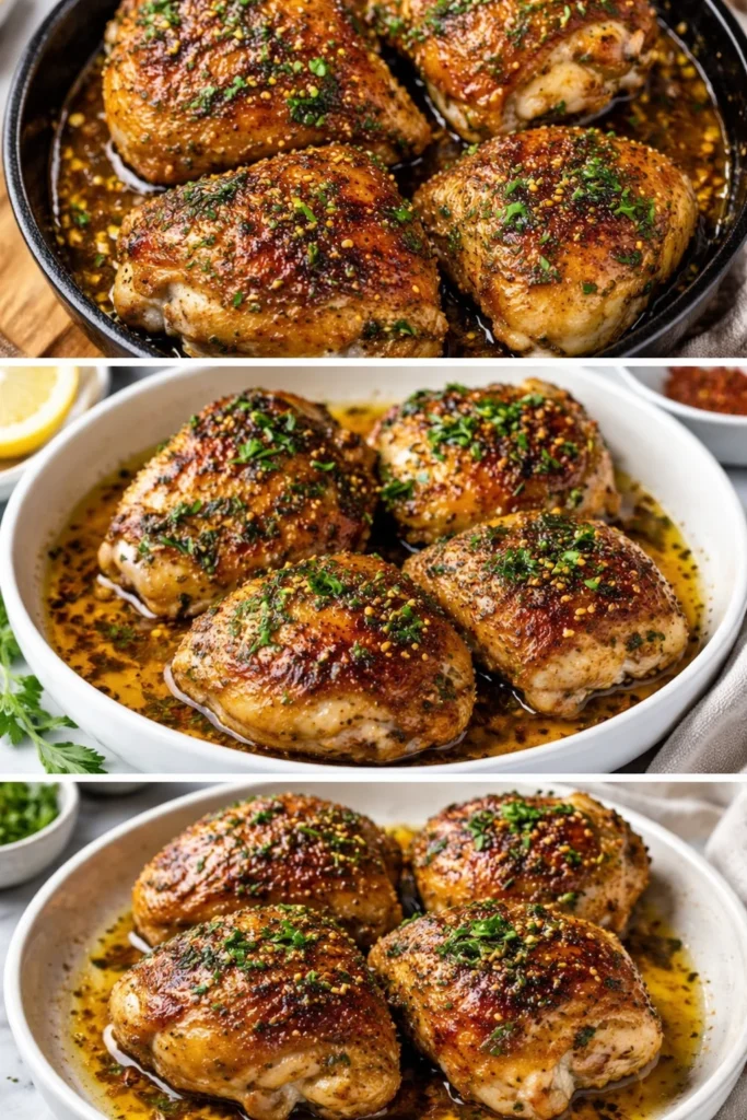 Crispy cast iron chicken thighs sizzling in a skillet