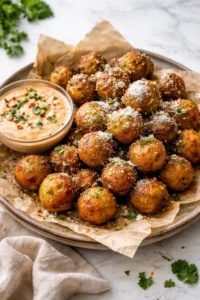 Crispy vegan potato balls served with Sriracha mayo dipping sauce