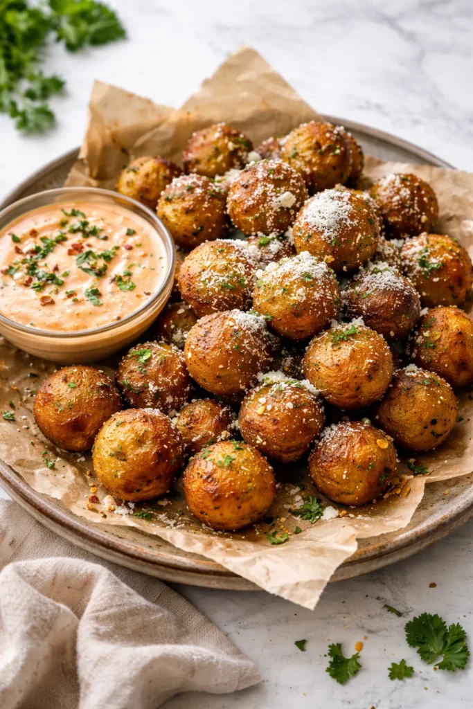 Crispy vegan potato balls served with Sriracha mayo dipping sauce