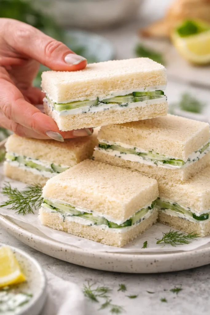 Fresh cucumber sandwiches on a platter ready for serving