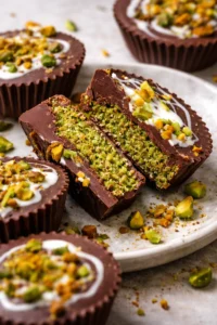 Delicious homemade Dubai chocolate cups ready to be served.