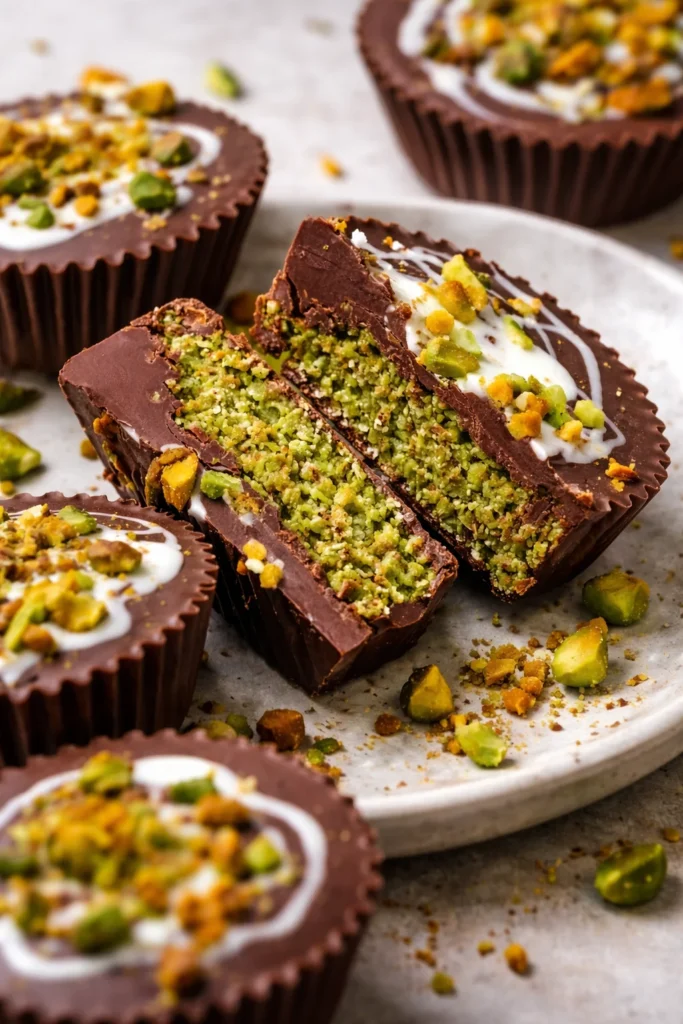Delicious homemade Dubai chocolate cups ready to be served.