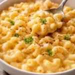 Bowl of creamy homemade stovetop mac cheese topped with herbs.