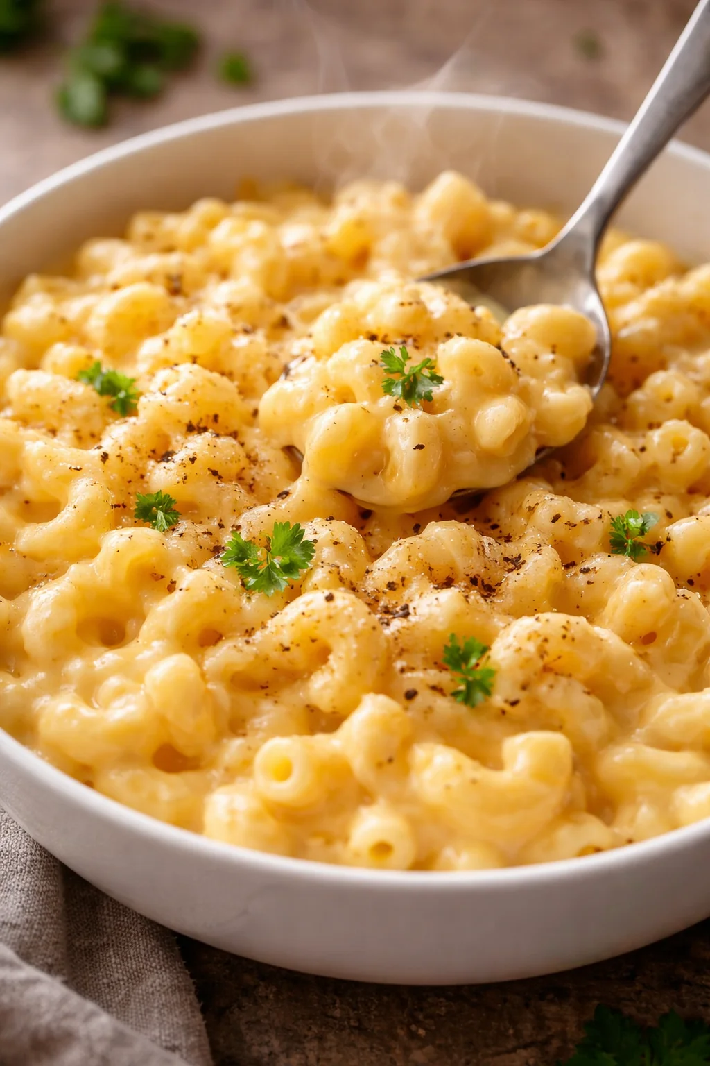 Bowl of creamy homemade stovetop mac cheese topped with herbs.