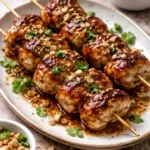 Plate of easy grilled chicken skewers drizzled with honey garlic sauce
