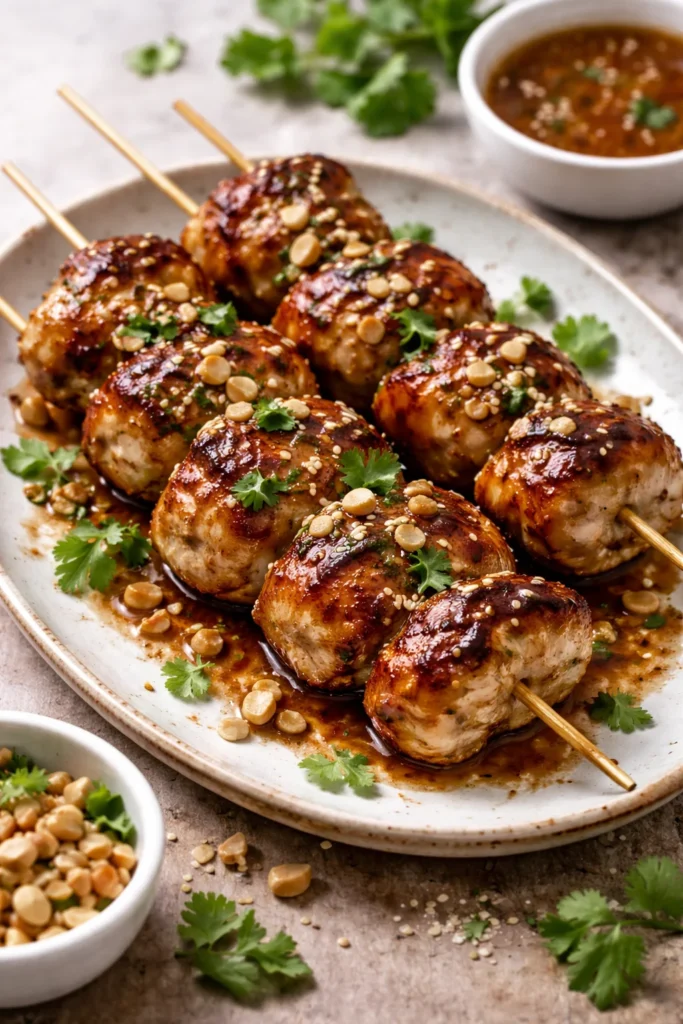 Plate of easy grilled chicken skewers drizzled with honey garlic sauce